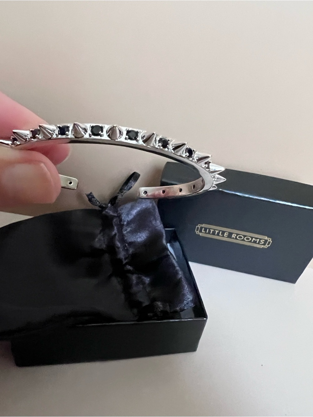 Little Rooms Silver Spiked Bangle Bracelet - Rhodium over brass with black CZ - Picture 3 of 5